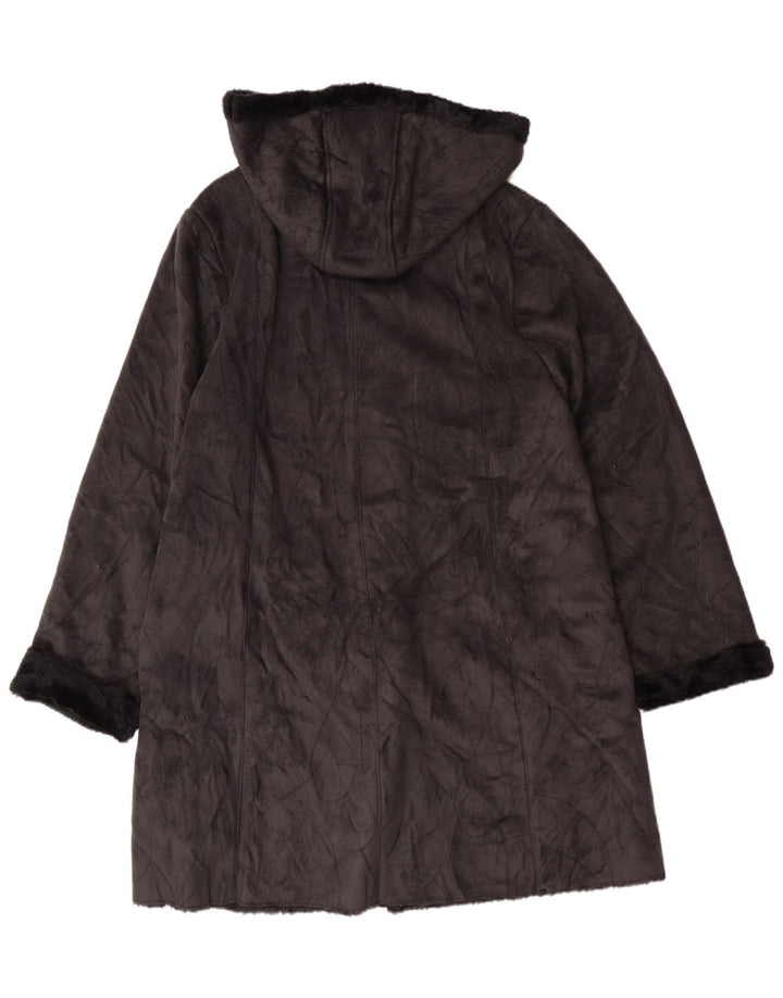 vintage Femmes À Capuchon Sherpa Pardessus UK 16 Grand Polyester Noir