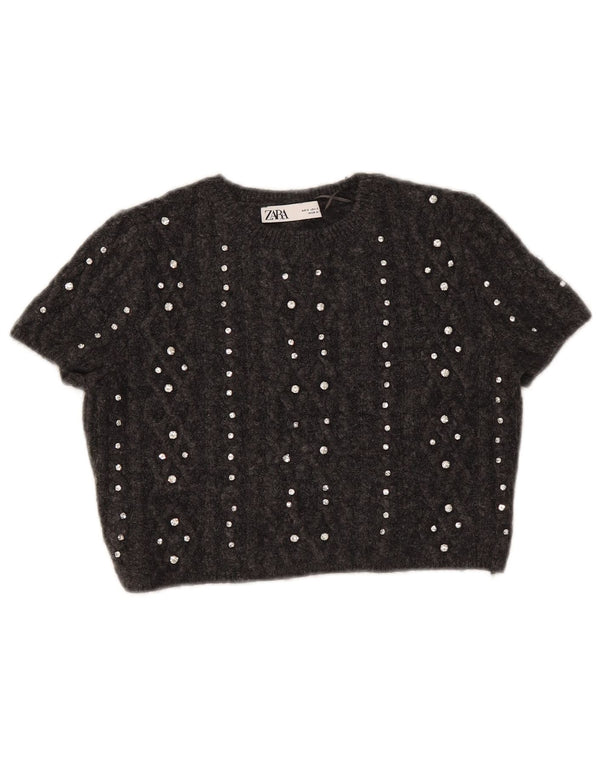 Zara Pull court à manches courtes et col bateau pour femme UK 10 Petit Gris