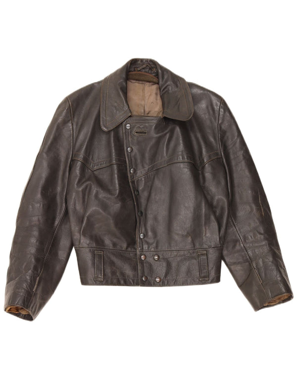 VINTAGE Veste en cuir femme UK 14 Moyen Noir