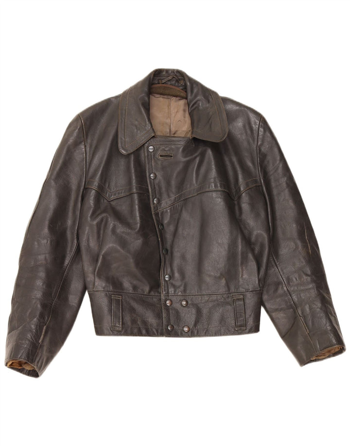 VINTAGE Veste en cuir femme UK 14 Moyen Noir