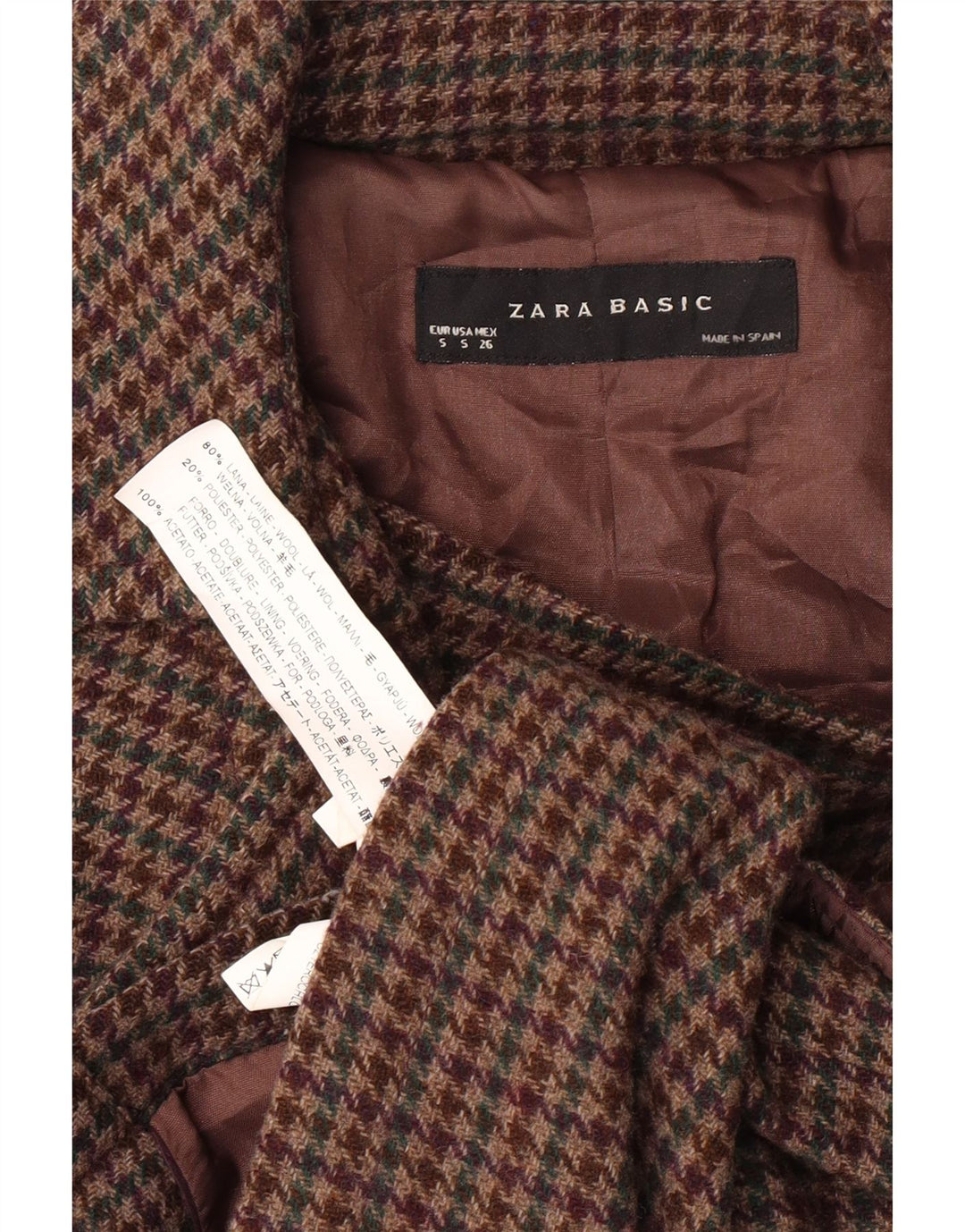 ZARA Womens Bomber Jacket UK 8 Petite laine pied-de-poule marron