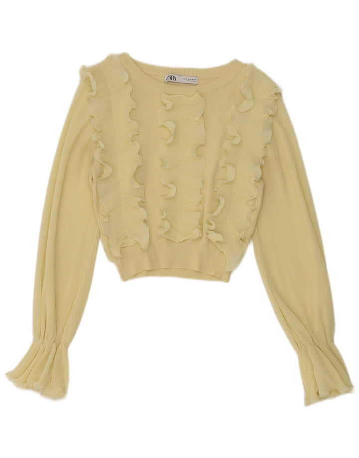 Zara Womens Crop Long Sleeve Ruffle Front Blouse Top UK 8 Small Jaune