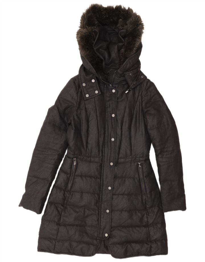 Zara Manteau rembourré à capuche pour femme UK 12 Medium Noir Polyester Hiver