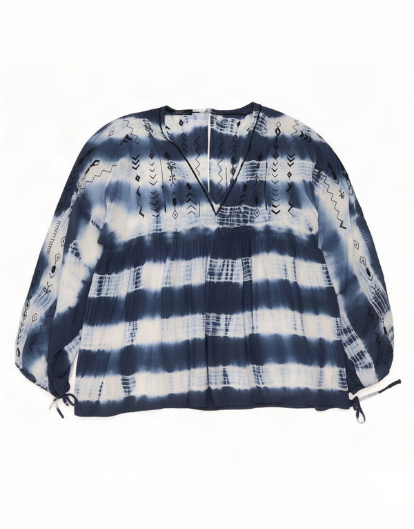 vintage Femme Manches Longues Blouse Top Taille 1 UK18 XL Bleu Marine Tie Dye
