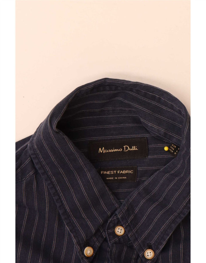 Massimo Dutti Chemise Homme Large Bleu Marine En Coton À Fines Rayures