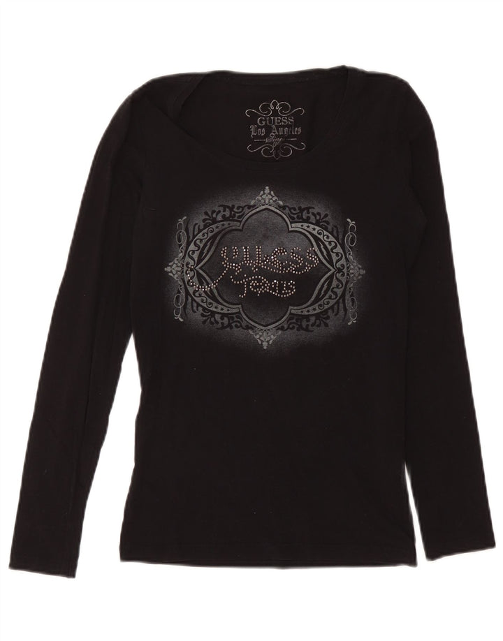 Guess Haut Graphique à Manches Longues pour Femme UK 12 Coton Noir Moyen