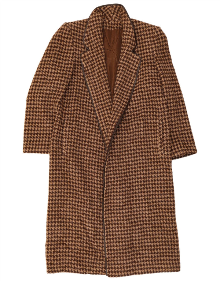 vintage Womens Open Overcoat UK 12 Pied-de-poule brun moyen