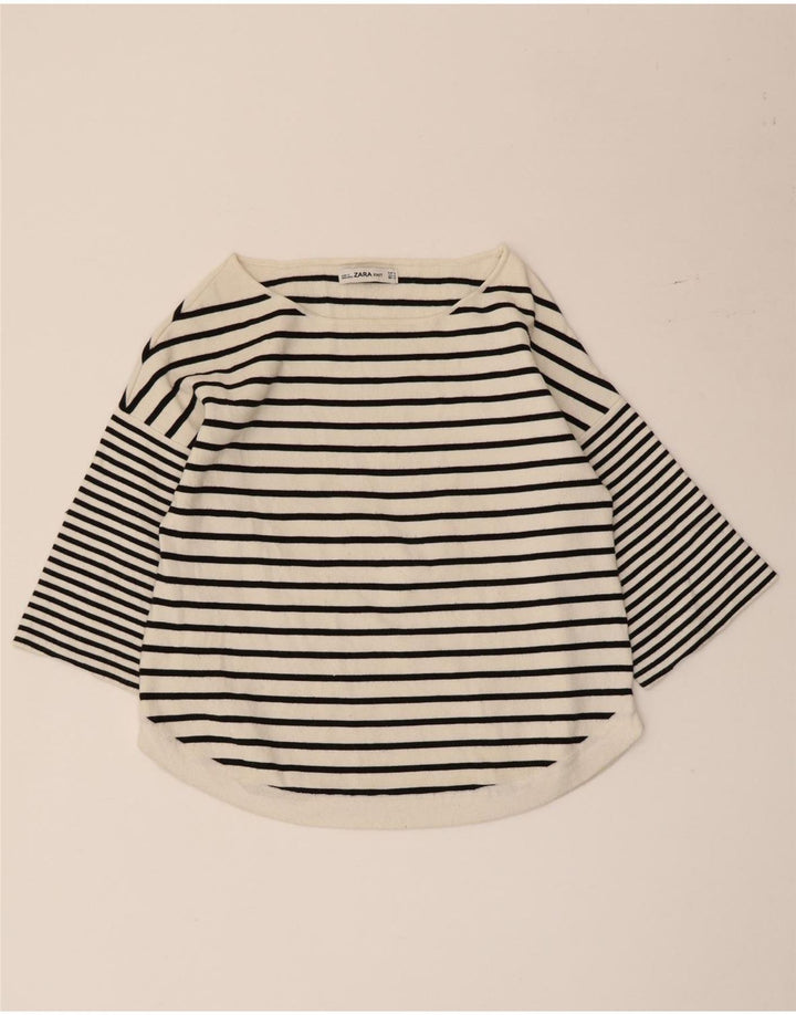 Zara Femme Top Manches 3/4 UK 12 Moyen Blanc Rayé Viscose Nautique