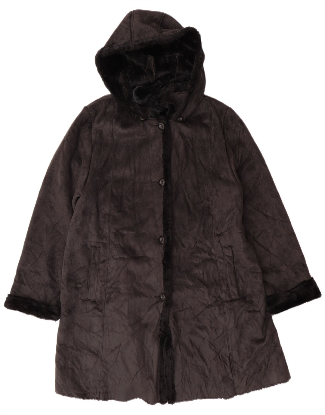vintage Femmes À Capuchon Sherpa Pardessus UK 16 Grand Polyester Noir