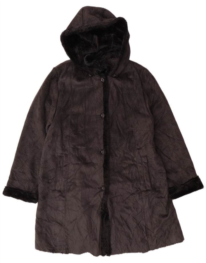 vintage Femmes À Capuchon Sherpa Pardessus UK 16 Grand Polyester Noir