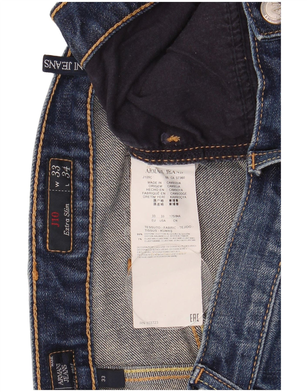 Jeans Slim J10 pour Femmes Armani W33 L34 Bleu Coton