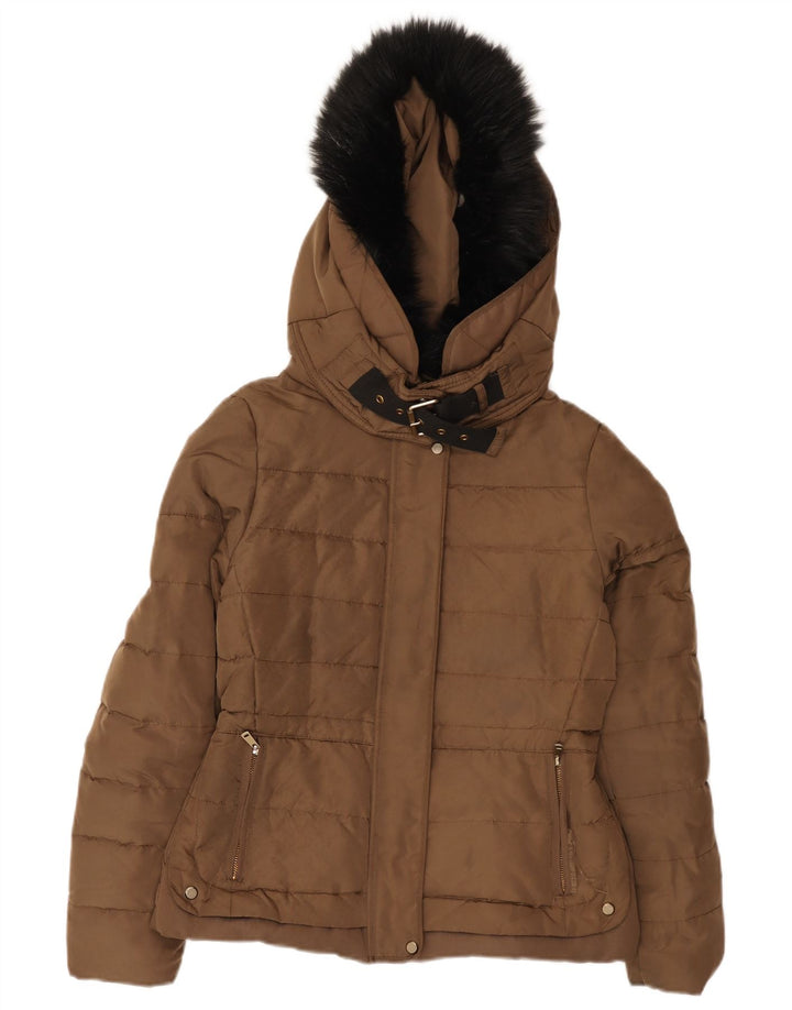Zara Veste matelassée à capuche pour femme UK 14 Marron moyen