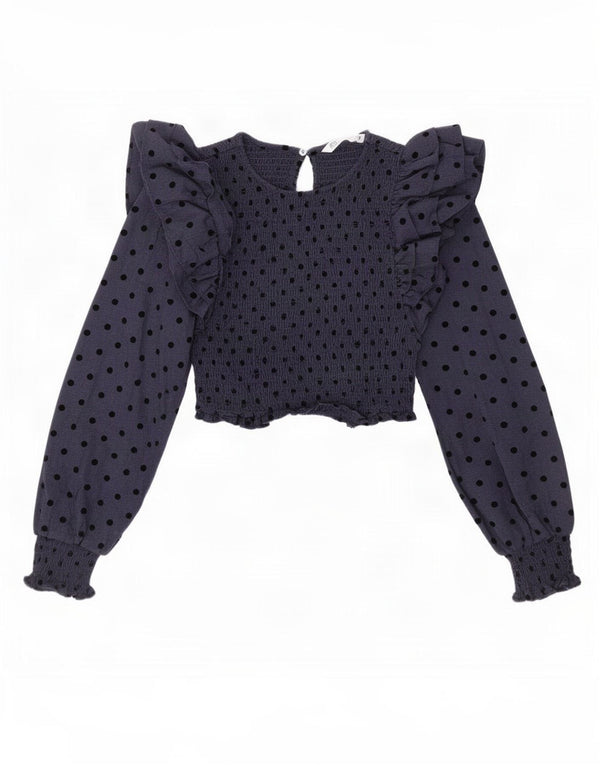 Zara Womens Crop Blouse Top UK 4 XS Bleu Marine à Pois Coton