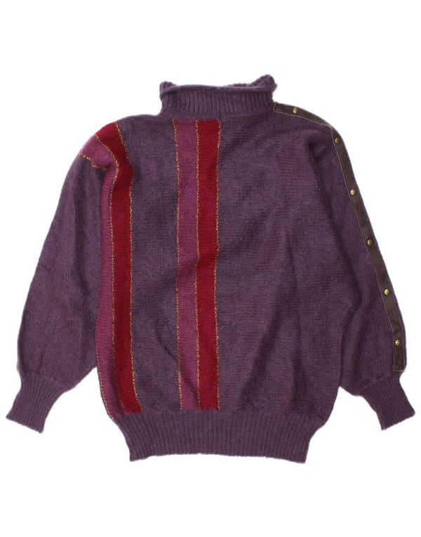 vintage Womens Roll Neck Jumper Sweater UK 16 Grand Acrylique Rayé Violet