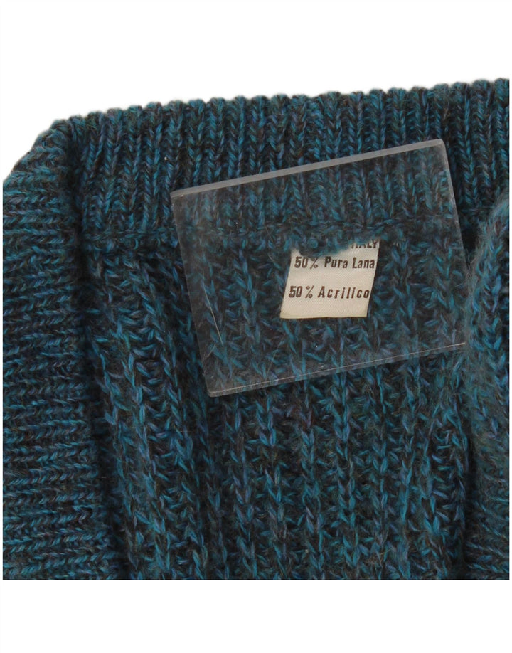 vintage Homme Coupe Régulière Col V Pull Pull Bleu Moyen Laine Mouchetée