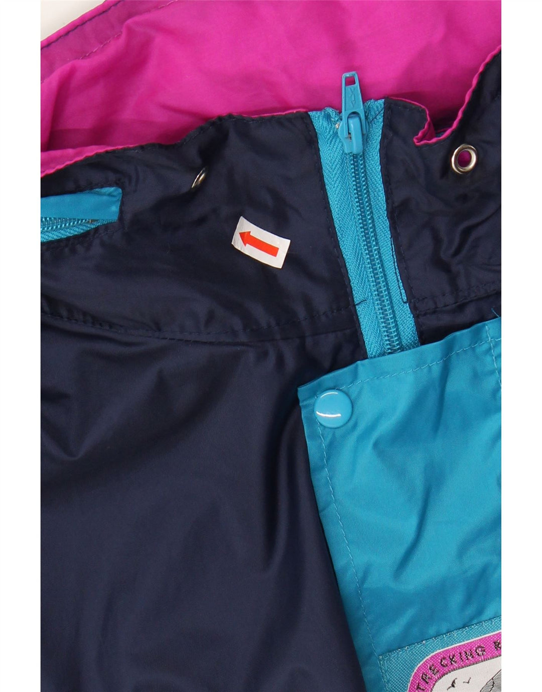 Veste de pluie à capuche femme vintage UK 16 Grand colorblock bleu marine