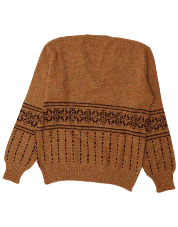 vintage Mens V-Col Jumper Pull Moyen Brun Fair Isle Acrylique