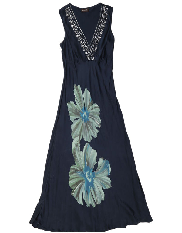Principes Robe longue sans manches pour femme UK 44 Grande soie florale bleu marine