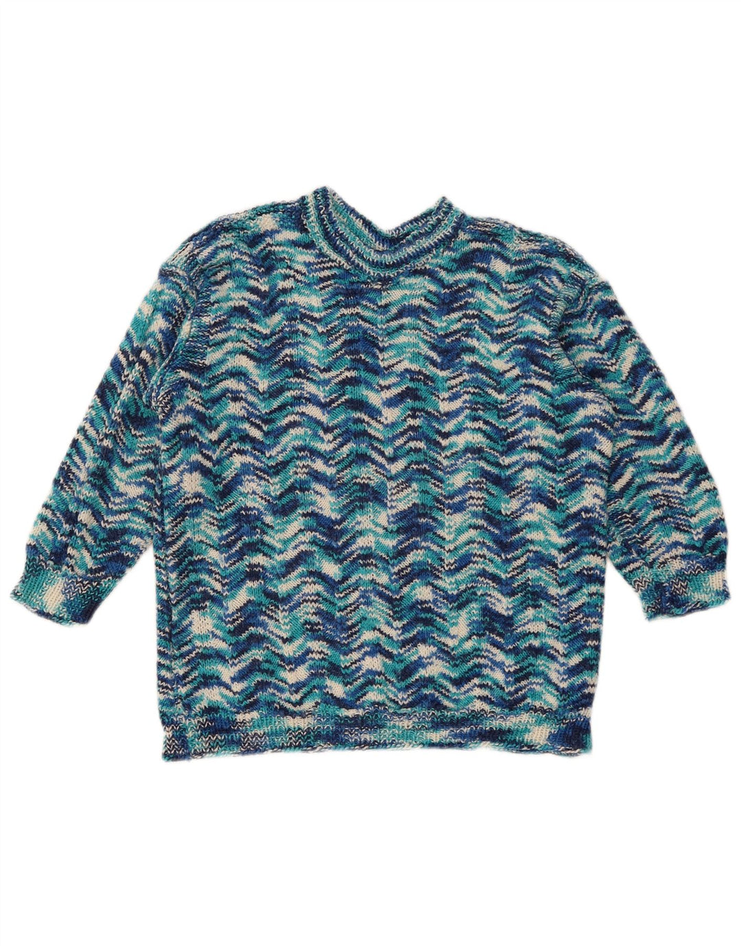 vintage Womens Crew Neck Jumper Pull UK 14 Moyen Bleu Géométrique
