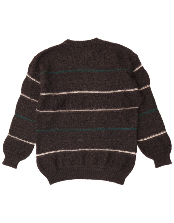 vintage Mens Crew Neck Jumper Pull Moyen Gris Rayé Laine