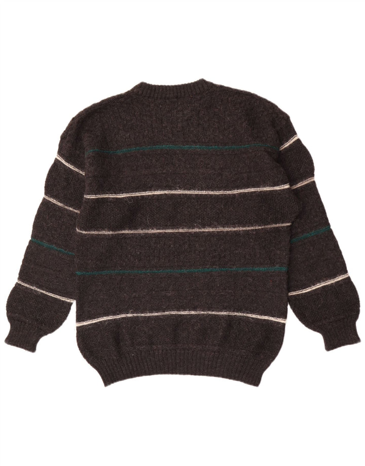 vintage Mens Crew Neck Jumper Pull Moyen Gris Rayé Laine