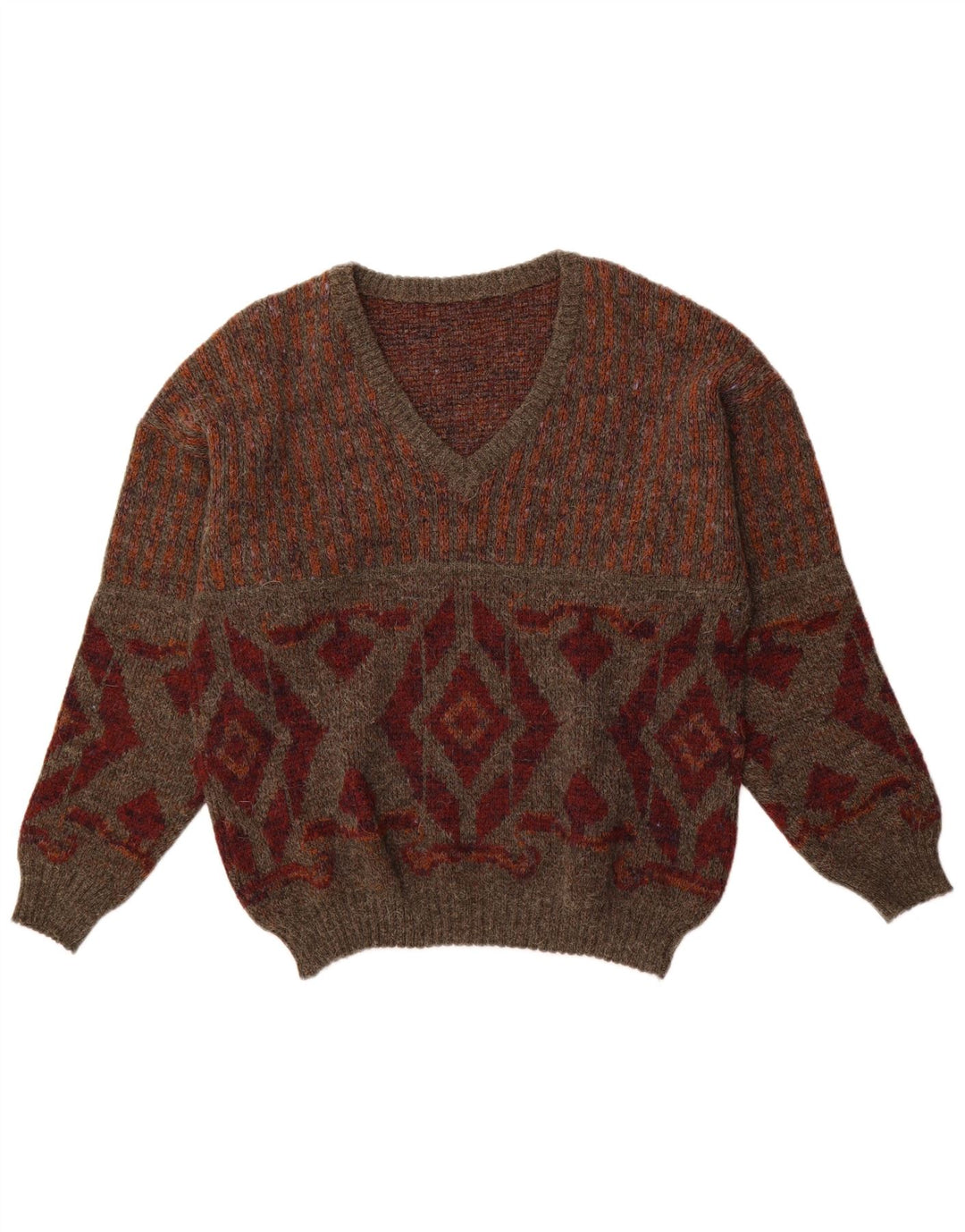 VINTAGE Pull col V pour homme IT 48 Marron moyen Argyle/Diamant