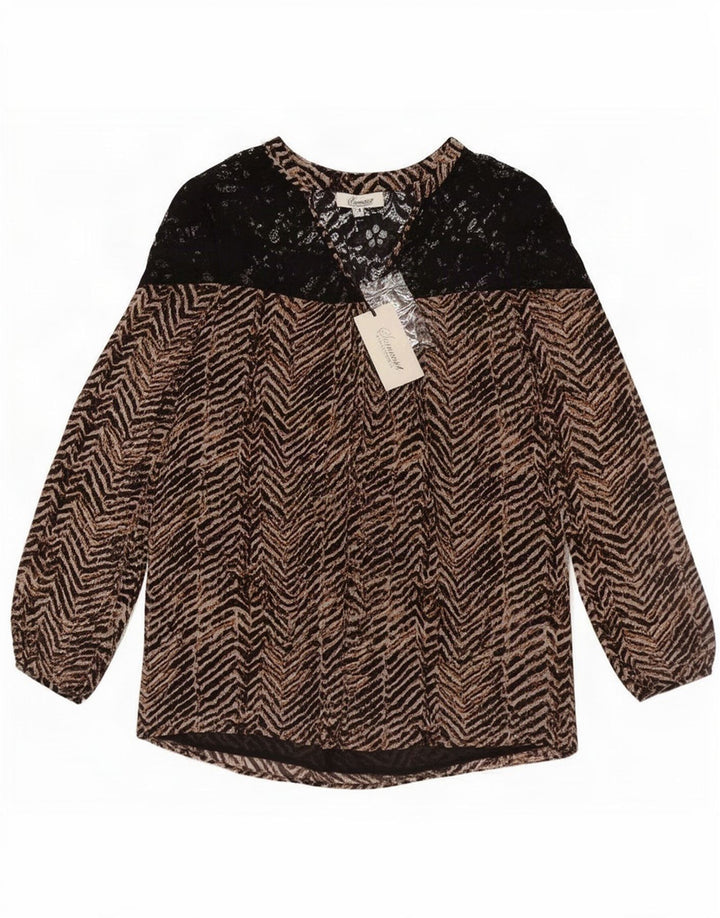 vintage Femmes Manches Longues Blouse Top UK 12 Medium Brown Chevron Polyester