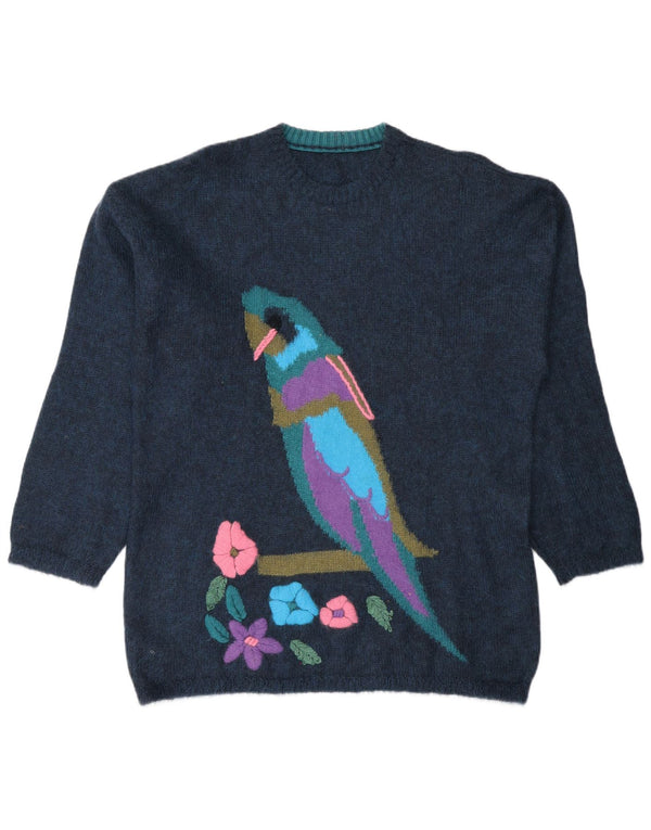 vintage Womens Graphic Crew Neck Jumper Pull UK 14 Bleu Marine Moyen