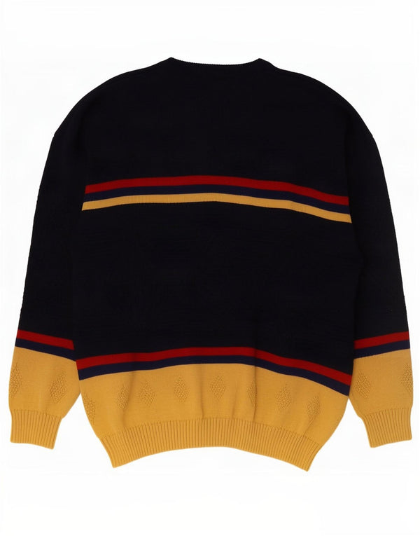 vintage Mens Graphic Crew Neck Jumper Pull XL Bleu Marine Colorblock