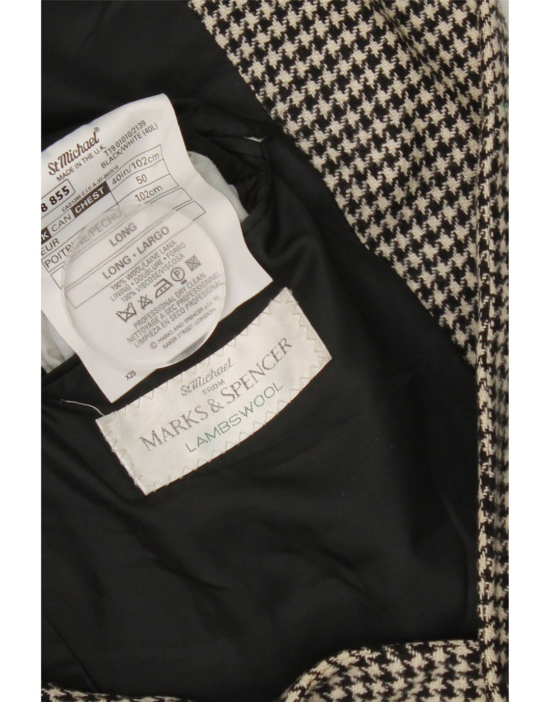 Marks & Spencer Veste blazer longue pour homme UK 40 pied-de-poule noir moyen