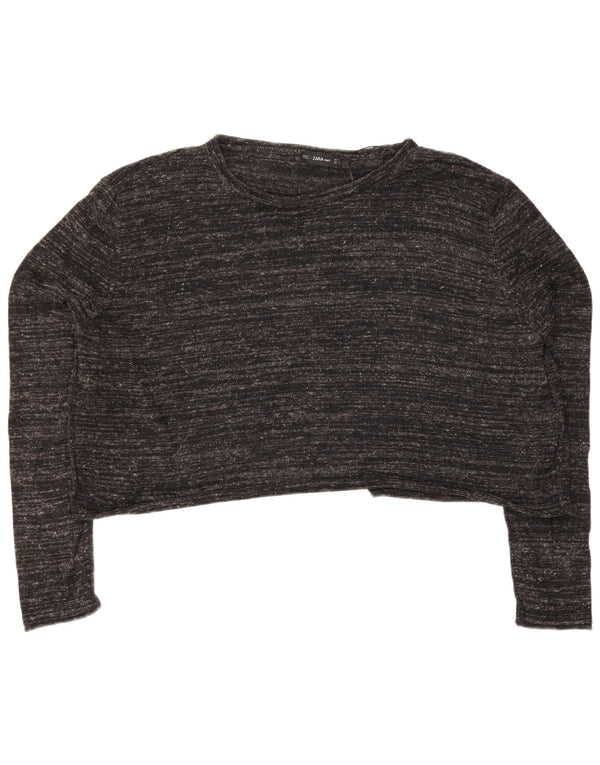 Zara Womens Crop Oversize Top Manches Longues UK 14 Gris Moyen Moucheté