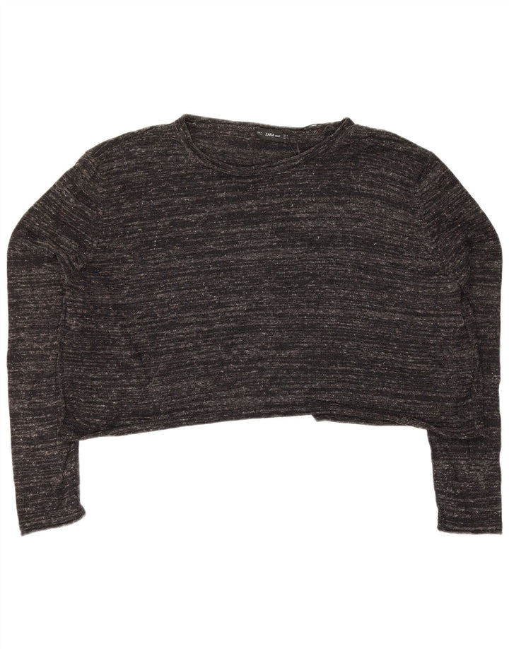 Zara Womens Crop Oversize Top Manches Longues UK 14 Gris Moyen Moucheté