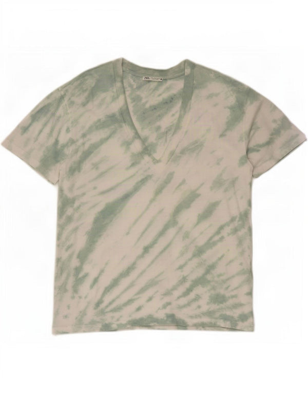 Zara Womens T-Shirt Oversize Top UK 10 Petit Vert Tie Dye Coton