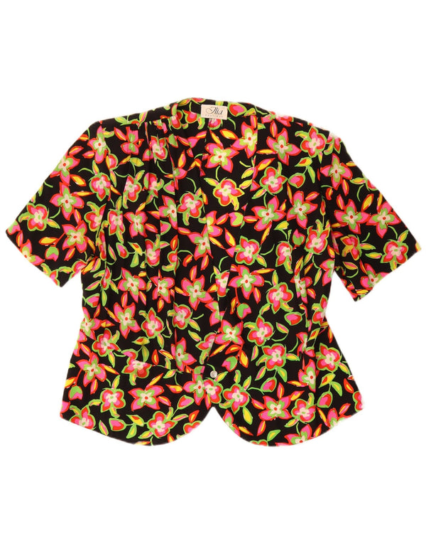 vintage Femme Chemise À Manches Courtes Blouse IT 46 Grande Soie Florale Noire