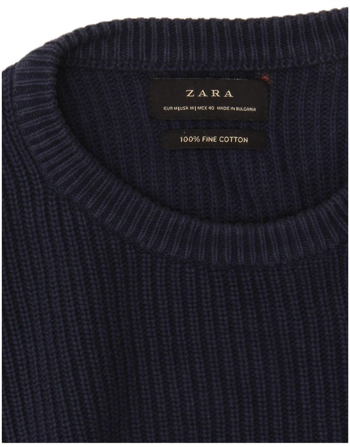 ZARA Pull à col rond pour homme en coton bleu marine moyen