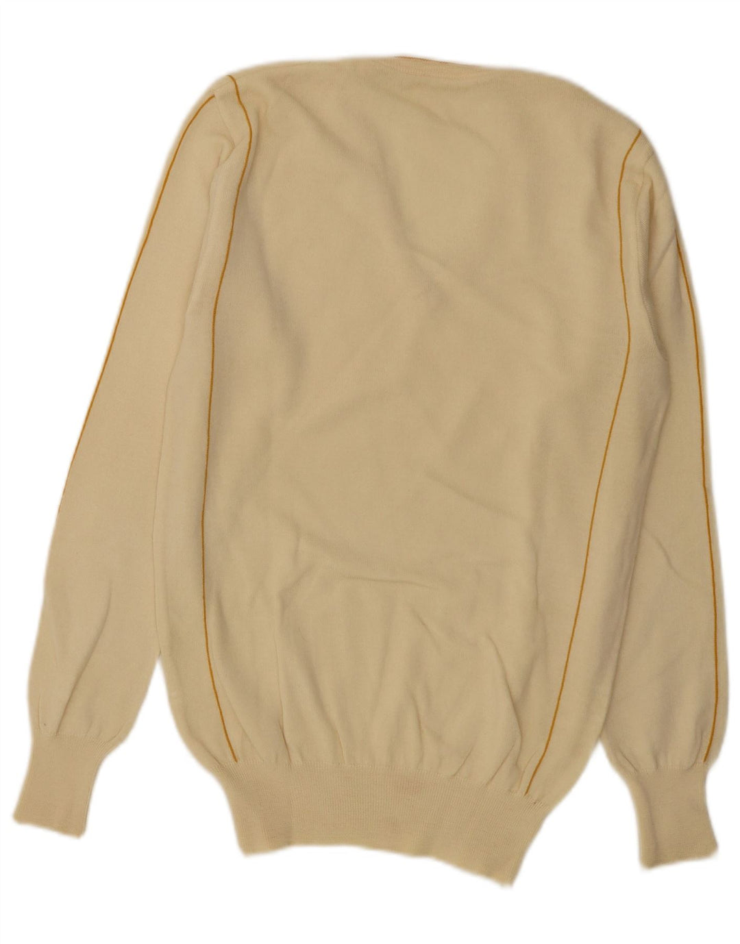 vintage Mens V-Col Jumper Pull Moyen Off White Rayé Laine