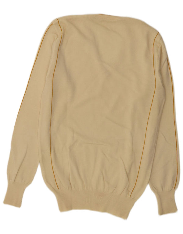 vintage Mens V-Col Jumper Pull Moyen Off White Rayé Laine