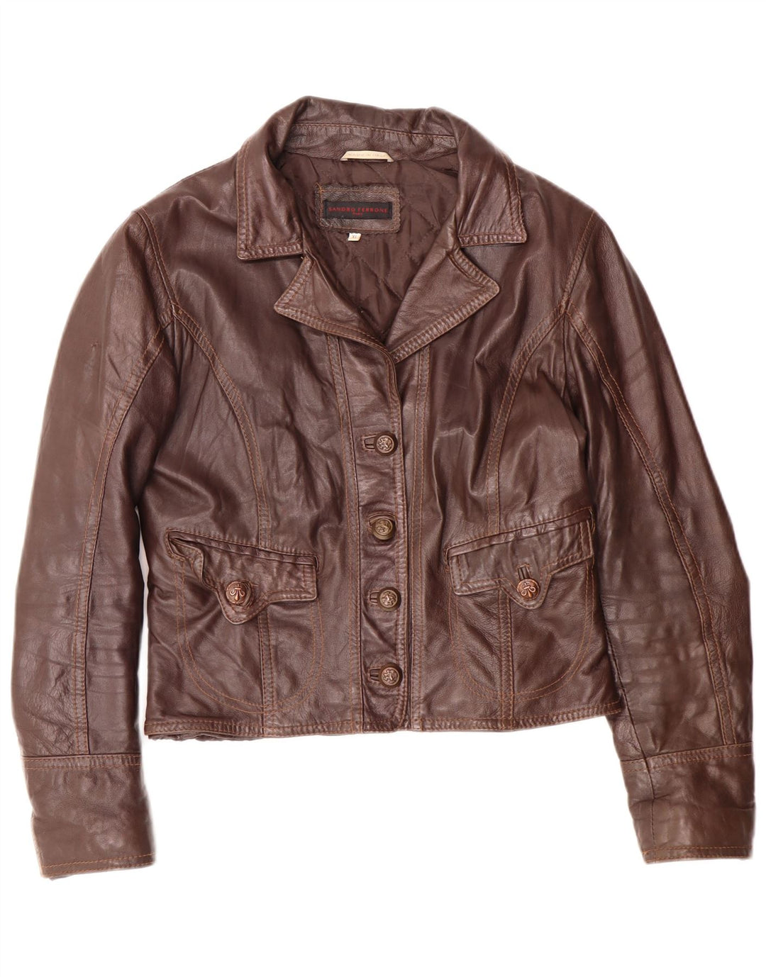 Sandro Ferrone Veste en cuir courte pour femme UK 18 XL Marron