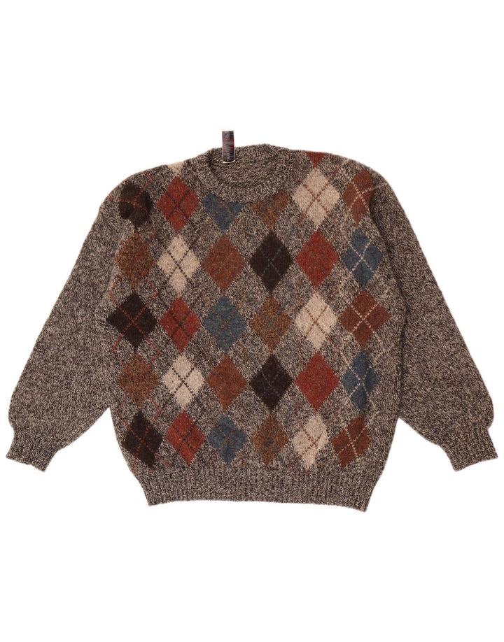 Donny & Max Pull col rond pour homme en laine gris à carreaux/losanges