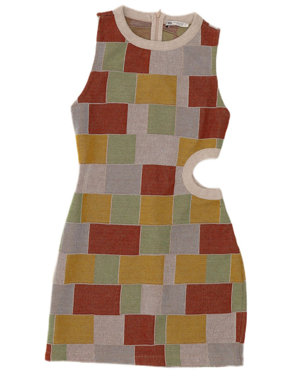 Zara Robe moulante sans manches pour femme UK 12 Medium Multicolore Géométrique