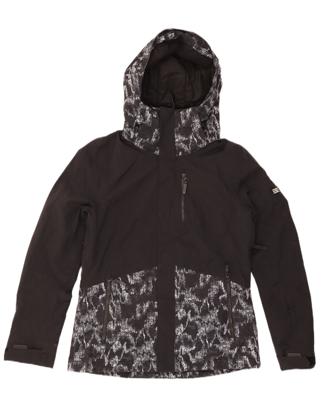 O'NEILL Veste de pluie à capuche à motif abstrait pour femme UK 14 Noir moyen