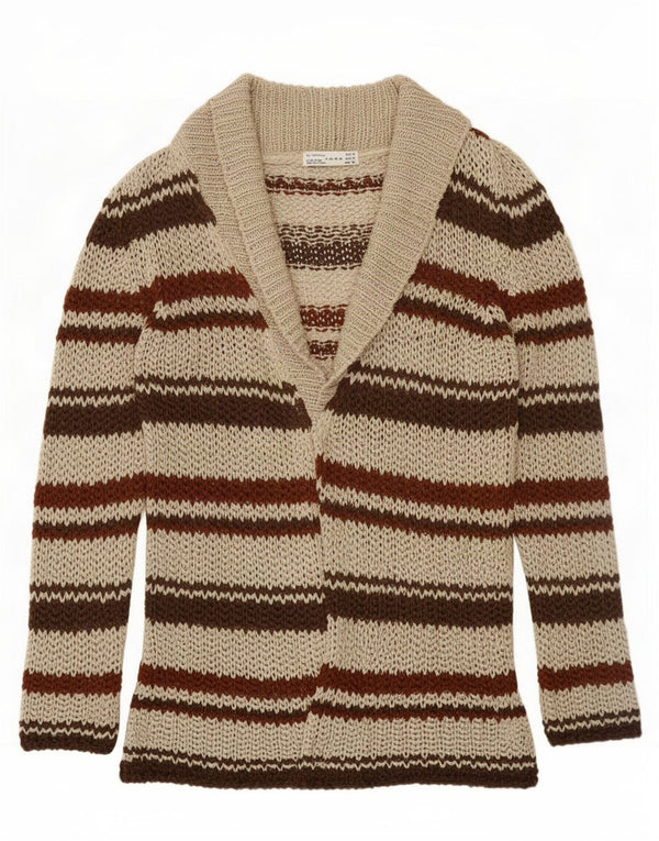 Zara Womens Longline Crochet Cardigan Pull UK 12 Marron Moyen Rayé