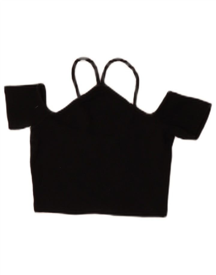Zara Femmes Crop Off Épaule Top UK 8 Petit Noir Coton
