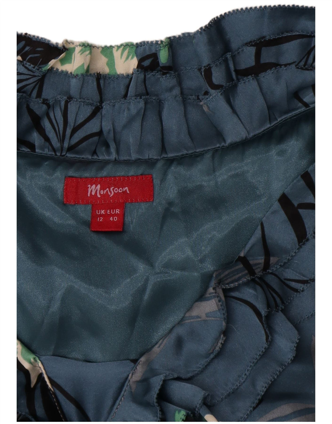 Monsoon Robe trapèze à volants sur le devant pour femme UK 42 en soie florale bleu moyen