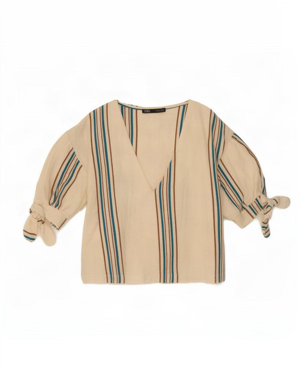 Zara Womens Crop Blouse Top UK 10 Petit coton rayé blanc