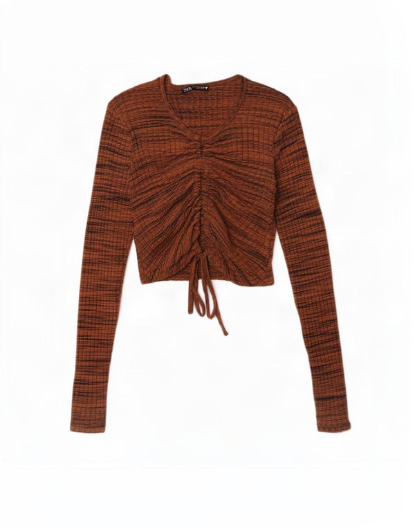 Zara Womens Crop Top Manches Longues UK 8 Petit Coton Rayé Marron