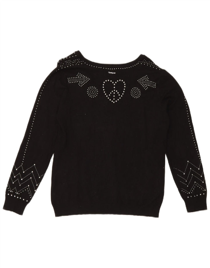 DESIGUAL Pull graphique à col en V pour femme UK 16 Large Noir Synthétique