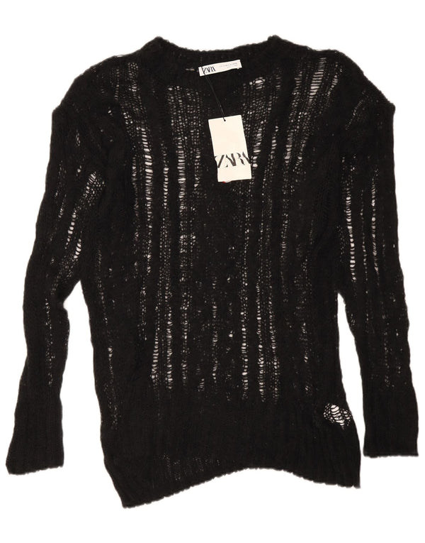 Zara Womens See Through Oversize Crew Neck Jumper Pull UK 6 XS Noir