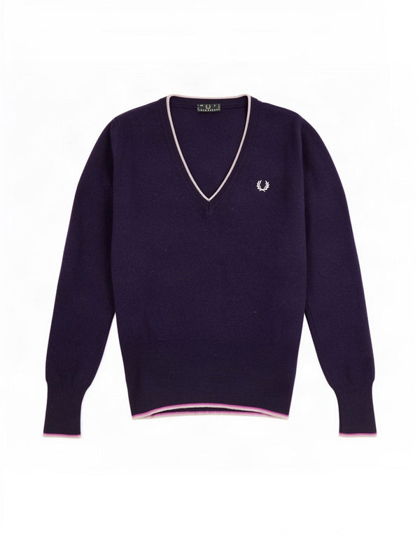Fred Perry Pull col en V pour femme UK 8 Small Bleu marine Laine