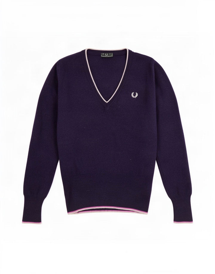 Fred Perry Pull col en V pour femme UK 8 Small Bleu marine Laine